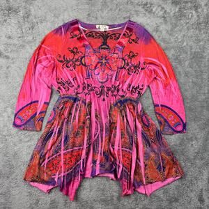 Unity World Wear Boho Fairy Dress Womens M Studded Floral Long Sleeve Red